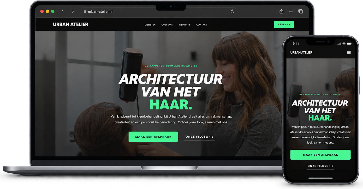 Barber Atelier website op laptop en telefoon