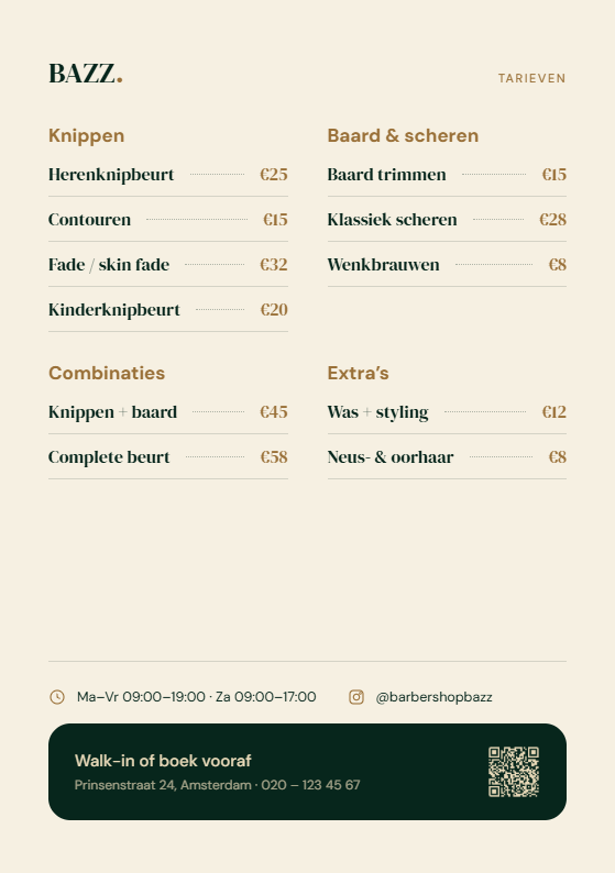 Achterkant A5-flyer Barbershop Bazz met tarieven