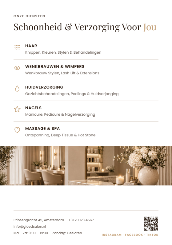 Achterkant A5-flyer Gloed Salon & Spa met dienstenoverzicht