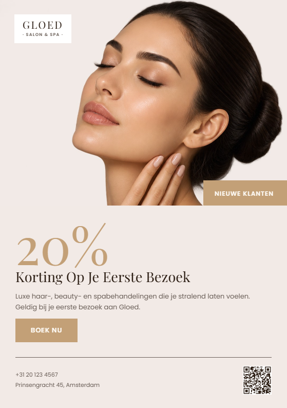 Voorkant A5-flyer Gloed Salon & Spa met 20% korting op eerste bezoek