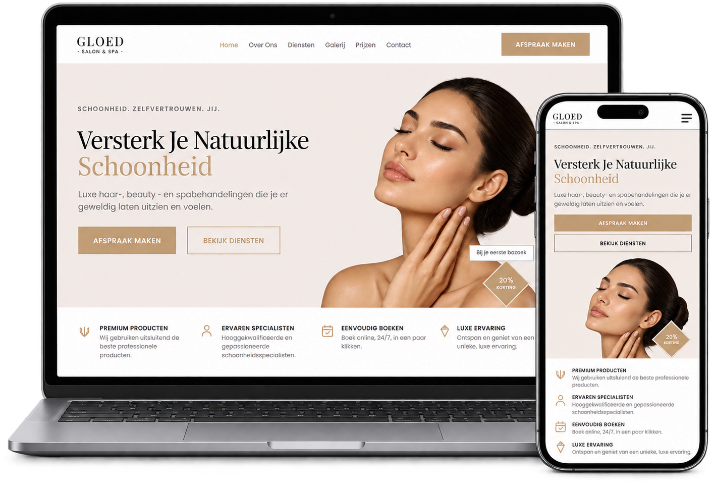 Gloed Salon & Spa website op laptop en telefoon